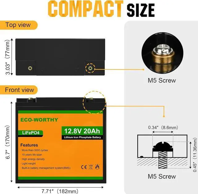 Alt view image 2 of 7 - 12V 20Ah Lithium Battery, 3000+ Deep Cycle Rechargeable LiFePO4 Lithium Ion Phosphate Battery with BMS for Trolling Motor, Fish finder, Kids Scooters, Power Wheels, Outdoor Camping