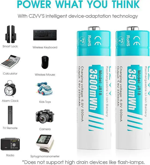 Alt view image 5 of 7 - Rechargeable AA Lithium Batteries - Pre-Recharged 8 Pack with 2H Fast Charger for Household Devices, Long-Lasting High-Capacity 3500mWh, Cycle Times up to 1300x, Constant 1.5V for Security Camera