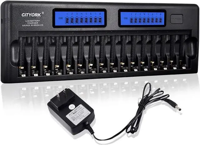 Main image of 16 Bay Smart Battery Charger LCD Display for AA/AAA NiMH/NiCd Rechargeable Batteries with Built-in IC Protection & AC Wall Adapter (Upgraded Charger White/Blue Screen)