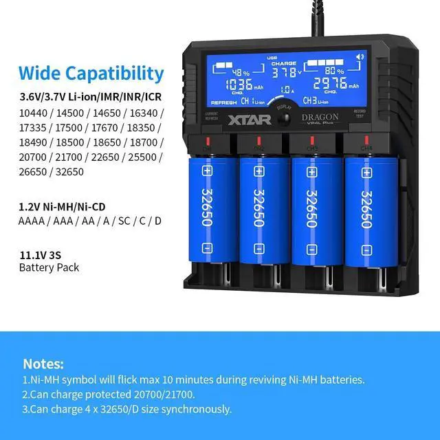Alt view image 2 of 7 - VP4L Plus Charger 4-Slots Intelligent Universal Battery Charger Analyzer tester for 14500 18650 21700 26650 32650 AAA AA C D Batteries 11.1V /3S Battery Pack