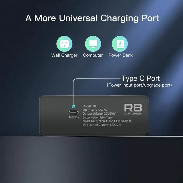 Alt view image 4 of 7 - 8 Bay AA AAA Battery Charger, LCD Display USB Fast Charging, Discharg Function, Over-Charge Protection for Household Rechargeable Batteries LiHv Ni-MH Ni-Cd LiFePO4 Li-ion