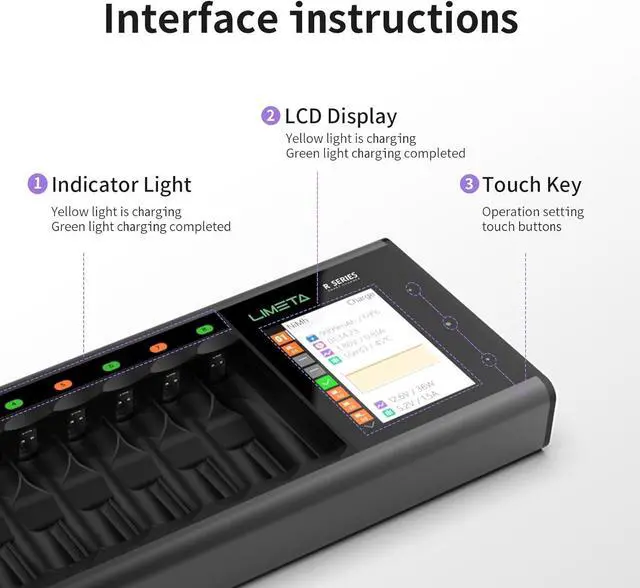 Alt view image 2 of 7 - 8 Bay AA AAA Battery Charger, LCD Display USB Fast Charging, Discharg Function, Over-Charge Protection for Household Rechargeable Batteries LiHv Ni-MH Ni-Cd LiFePO4 Li-ion
