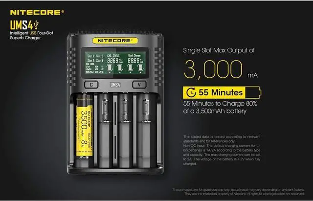 Alt view image 3 of 7 - UMS4 ligent USB Four Slot Quick Battery Charger for Li-Ion/Ni-MH/Ni-Cd/IMR 16340 14500 18650 21700 20700 AA AAA and More Batteries, with LumenTac QC3.0 Charging Adapter