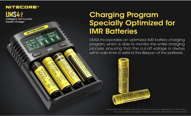Alt view image 4 of 7 - UMS4 ligent USB Four Slot Quick Battery Charger for Li-Ion/Ni-MH/Ni-Cd/IMR 16340 14500 18650 21700 20700 AA AAA and More Batteries, with LumenTac QC3.0 Charging Adapter