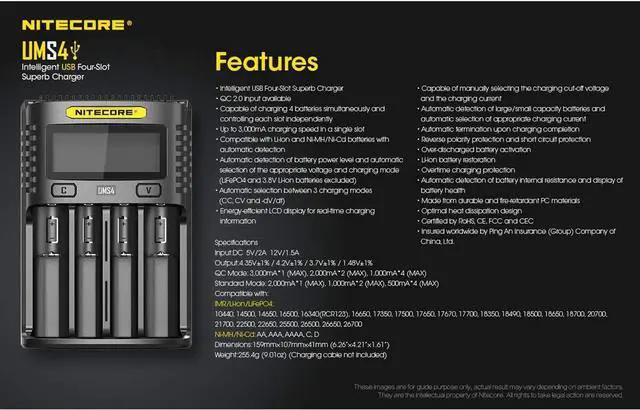 Alt view image 6 of 7 - UMS4 ligent USB Four Slot Quick Battery Charger for Li-Ion/Ni-MH/Ni-Cd/IMR 16340 14500 18650 21700 20700 AA AAA and More Batteries, with LumenTac QC3.0 Charging Adapter