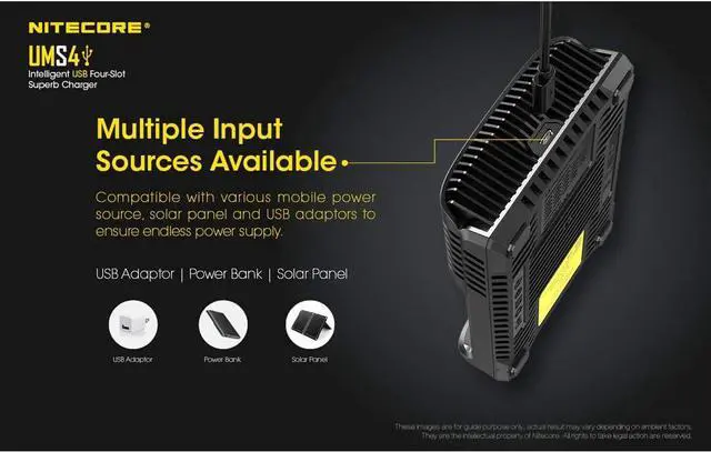 Alt view image 7 of 7 - UMS4 ligent USB Four Slot Quick Battery Charger for Li-Ion/Ni-MH/Ni-Cd/IMR 16340 14500 18650 21700 20700 AA AAA and More Batteries, with LumenTac QC3.0 Charging Adapter