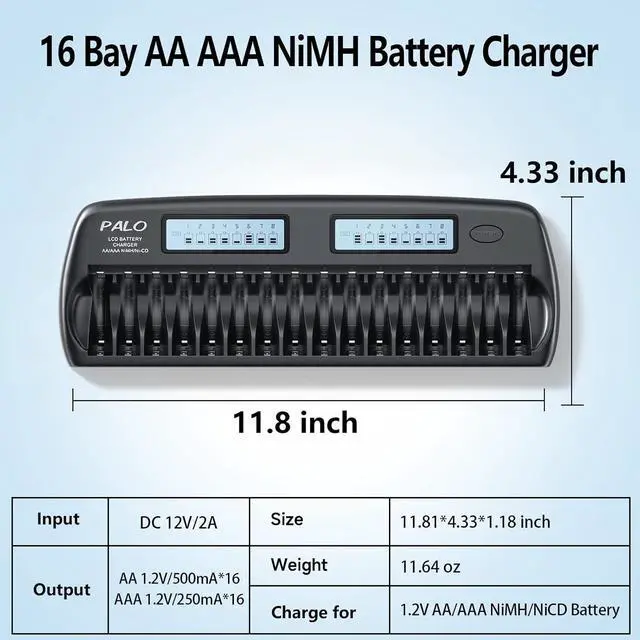 Alt view image 2 of 7 - 16 Bay AA AAA Battery Charger for AA/AAA NiMH/NiCd Rechargealbe Batteires with 16 Pack Rechargeable AAA Batteries 1.2V NiMH 1100mAh