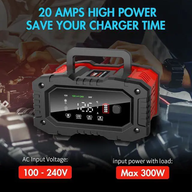 Alt view image 2 of 7 - 20-Amp Battery Charger, 12V 24V LiFePO4 Lead Acid Portable Car Battery Charger 8-Stage Trickle Charger Smart Battery Maintainer w/Temp Compensation for Car Truck Motorcycle Lawn Mower