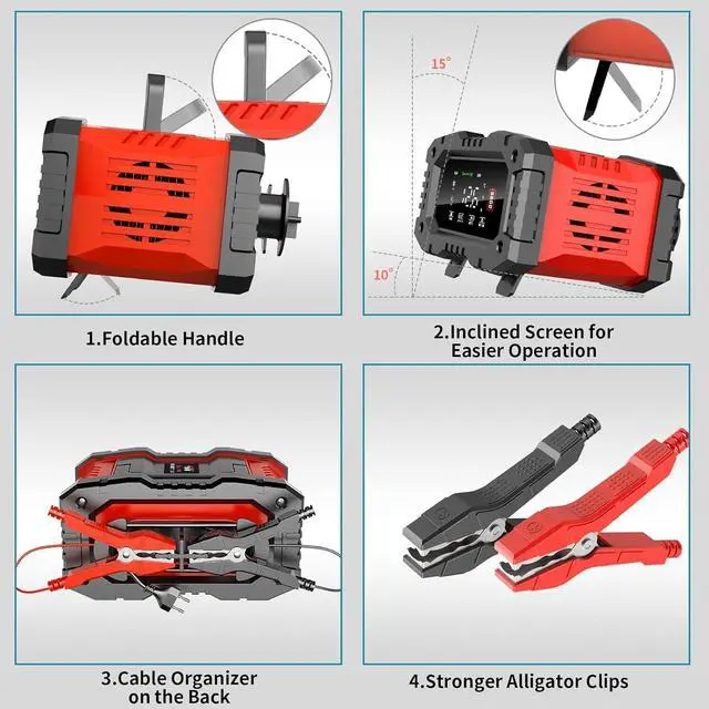 Alt view image 4 of 7 - 20-Amp Battery Charger, 12V 24V LiFePO4 Lead Acid Portable Car Battery Charger 8-Stage Trickle Charger Smart Battery Maintainer w/Temp Compensation for Car Truck Motorcycle Lawn Mower