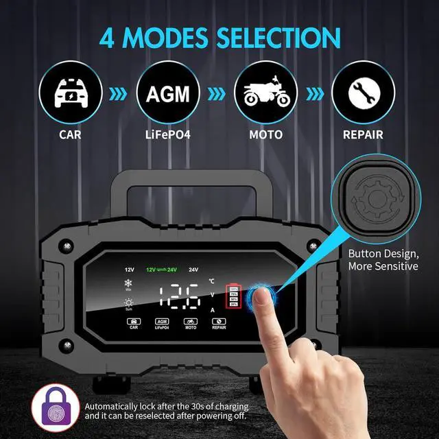 Alt view image 3 of 7 - 20-Amp Battery Charger, 12V 24V LiFePO4 Lead Acid Portable Car Battery Charger 8-Stage Trickle Charger Smart Battery Maintainer w/Temp Compensation for Car Truck Motorcycle Lawn Mower