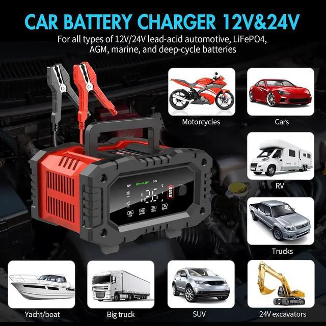 Alt view image 6 of 7 - 20-Amp Battery Charger, 12V 24V LiFePO4 Lead Acid Portable Car Battery Charger 8-Stage Trickle Charger Smart Battery Maintainer w/Temp Compensation for Car Truck Motorcycle Lawn Mower