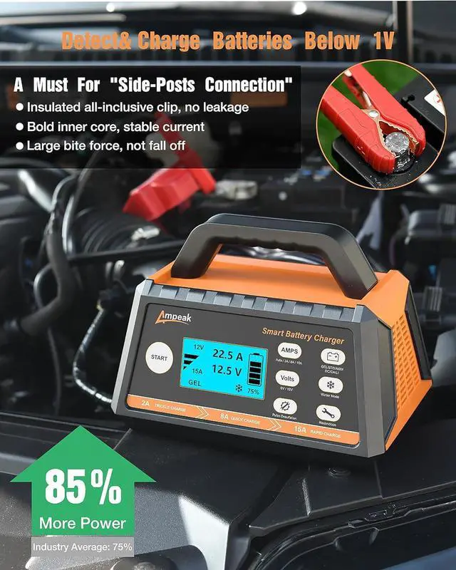 Alt view image 4 of 7 - Battery Charger,2A/8A/15A Car Battery Charger,6V/12V Fully Automatic Smart Battery Maintainer with Winter Mode, Auto Desulfator, Battery Recondition, for All Lead-Acid and LiFePO4 Batteries