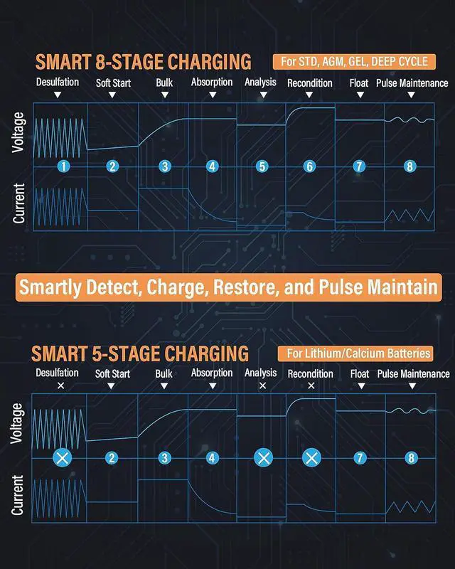 Alt view image 5 of 7 - Battery Charger,2A/8A/15A Car Battery Charger,6V/12V Fully Automatic Smart Battery Maintainer with Winter Mode, Auto Desulfator, Battery Recondition, for All Lead-Acid and LiFePO4 Batteries