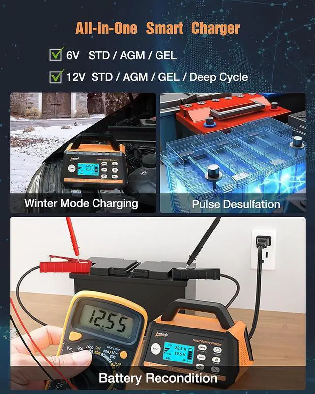Alt view image 7 of 7 - Battery Charger,2A/8A/15A Car Battery Charger,6V/12V Fully Automatic Smart Battery Maintainer with Winter Mode, Auto Desulfator, Battery Recondition, for All Lead-Acid and LiFePO4 Batteries