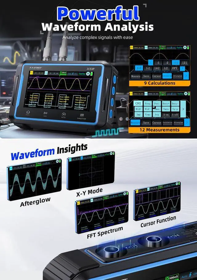 Alt view image 2 of 7 - FNRSI 2C53P Plus Upgraded with Carrying CASE 3in1 Oscilloscope/Multimeter/DDS Signal Generator Tablet Touch Screen Portable Digital Automotive Oscilloscope 2 Channel 50MHz Bandwidth 250Ms/S Counts