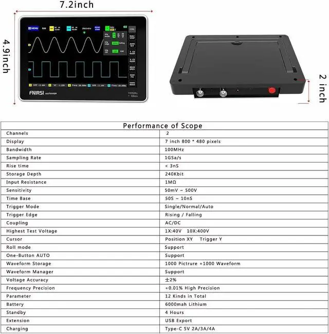 Alt view image 4 of 7 - with 2 Channel 100MHz Bandwidth 1GSa/s Sampling Rate Oscilloscope,Multifunction Oscilloscope,Ultra Thin Portable USB Oscilloscope