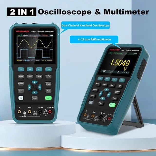 Alt view image 3 of 7 - Handheld Digital Oscilloscope 50Mhz Bandwidth with 2 Channels HO52 3.5"TFT Mini Oscilloscope, 2 in 1 Oscilloscope and Multimeter, Backlit Screen, Auto-Calibration Function, Memory Function