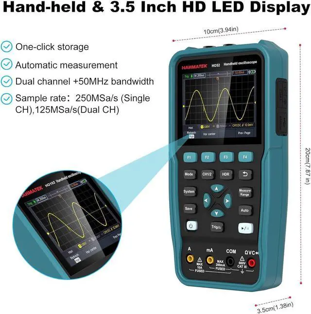 Alt view image 5 of 7 - Handheld Digital Oscilloscope 50Mhz Bandwidth with 2 Channels HO52 3.5"TFT Mini Oscilloscope, 2 in 1 Oscilloscope and Multimeter, Backlit Screen, Auto-Calibration Function, Memory Function