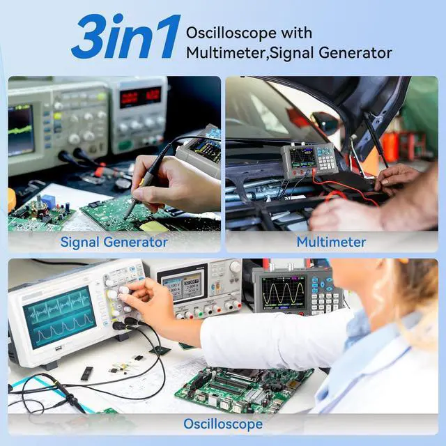 Alt view image 2 of 7 - 3 in 1 Portable 2CH Handheld Oscilloscope [2023 Upgraded] 120MHz Bandwidth 500MSa/s + Digital Multimeter Tester Auto Range+ Waveform Generator