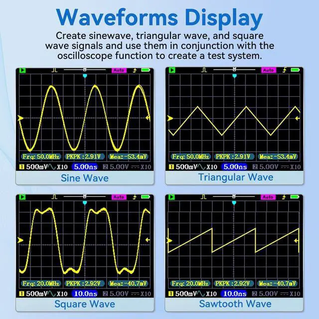 Alt view image 3 of 7 - 3 in 1 Portable 2CH Handheld Oscilloscope [2023 Upgraded] 120MHz Bandwidth 500MSa/s + Digital Multimeter Tester Auto Range+ Waveform Generator