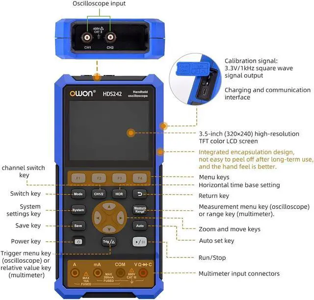 Alt view image 3 of 6 - HDS242S oscilloscope 3 in 1 40MHz professional handheld PC oscilloscope, 20000 counts digital multimeter 3.5 inch LCD display universal test instrument (oscilloscope+multimeter+generator)