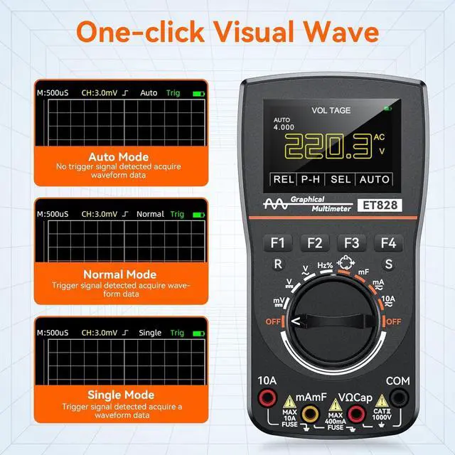 Alt view image 4 of 7 - 2 in 1 Digital Oscilloscope Multimeter, Scope Meter with 2.5 Msps High Sampling, 2.4 Inch Color Screen, Automatic Waveform Capture Function, DC/AC Voltage/Current Frequency Resistance Diode Test
