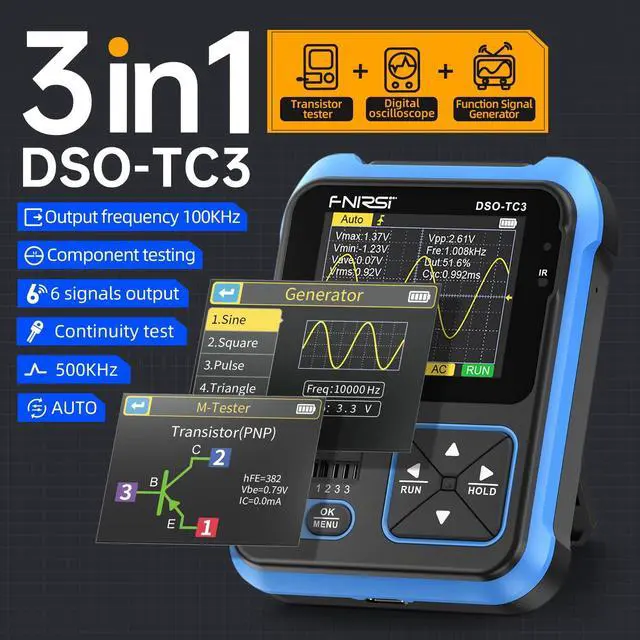 Alt view image 2 of 7 - DSO-TC3 Oscilloscope - 3-in-1 Handheld Oscilloscope & DDS Signal Generator & Transistor Tester, 500Khz Bandwidth 10MSa/s Sampling Rate, 6 Types of Waveforms, Transistors Measure