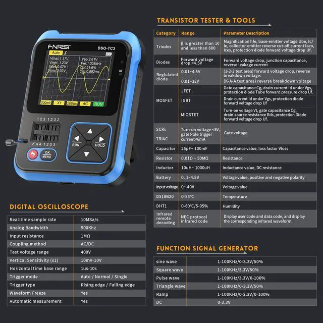 Alt view image 3 of 7 - DSO-TC3 Oscilloscope - 3-in-1 Handheld Oscilloscope & DDS Signal Generator & Transistor Tester, 500Khz Bandwidth 10MSa/s Sampling Rate, 6 Types of Waveforms, Transistors Measure