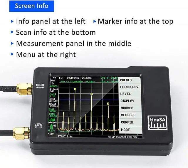 Alt view image 5 of 7 - Portable Tinysa Spectrum Analyzer, AURSINC V0.3.1 Handheld Frequency Analyzer, Signal Generator 100kHz to 960MHz MF/HF/VHF UHF Input ESD Protected Function with 2.8 inch Touchscreen