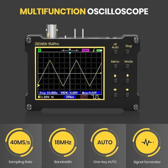 Alt view image 3 of 7 - Mini Handheld Digital Oscilloscope, Support Persistence, PWM, 14 Type Measurement, 40MSa/s Sampling Rate, 18MHz Bandwidth, Signal Generator Frequency 500Khz, 2.4 LCD Display