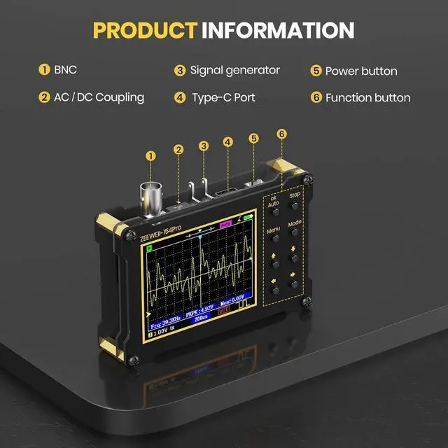 Alt view image 7 of 7 - Mini Handheld Digital Oscilloscope, Support Persistence, PWM, 14 Type Measurement, 40MSa/s Sampling Rate, 18MHz Bandwidth, Signal Generator Frequency 500Khz, 2.4 LCD Display