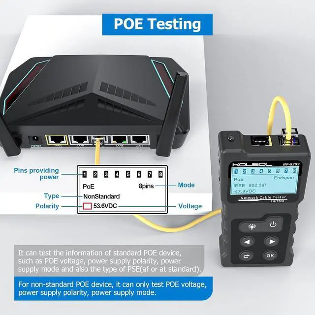 Alt view image 3 of 7 - Network Cable Tester, Poe Cable Tester for CAT5e/CAT6/CAT6a, Ethernet Network Tester with NCV, NF-8209 Network Cable Tracker, Test Fault Distance Location and Length Measurement by TDR
