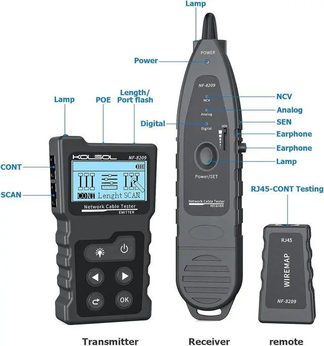 Alt view image 6 of 7 - Network Cable Tester, Poe Cable Tester for CAT5e/CAT6/CAT6a, Ethernet Network Tester with NCV, NF-8209 Network Cable Tracker, Test Fault distance location and Length Measurement