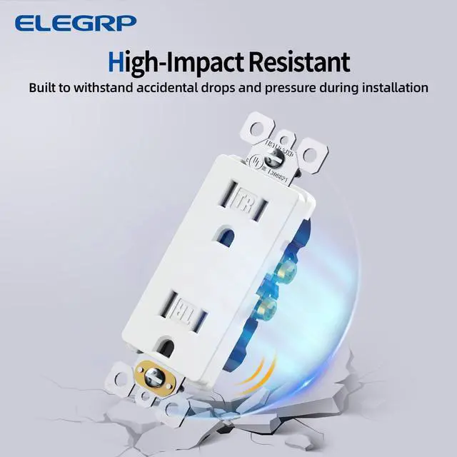 Alt view image 4 of 7 - ELEGRP Matte White Decorator Wall Receptacle Outlets, Tamper Resistant 15 Amp Standard Electrical Wall Outlet, Residential Grade, Self-grounding, 125V, 2 Pole 3 Wire, 5-15R, UL Listed, 10 Pack