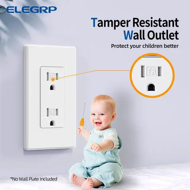 Alt view image 5 of 7 - ELEGRP Matte White Decorator Wall Receptacle Outlets, Tamper Resistant 15 Amp Standard Electrical Wall Outlet, Residential Grade, Self-grounding, 125V, 2 Pole 3 Wire, 5-15R, UL Listed, 10 Pack
