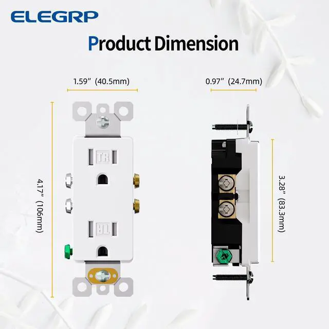Alt view image 7 of 7 - ELEGRP Matte White Decorator Wall Receptacle Outlets, Tamper Resistant 15 Amp Standard Electrical Wall Outlet, Residential Grade, Self-grounding, 125V, 2 Pole 3 Wire, 5-15R, UL Listed, 10 Pack