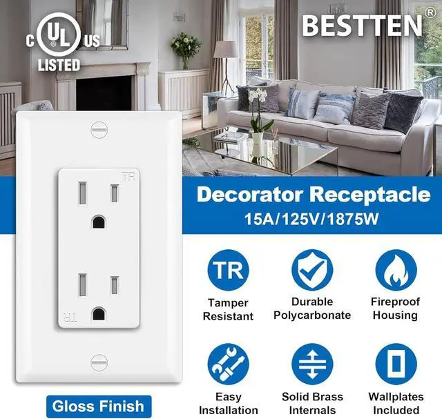 Alt view image 2 of 7 - BESTTEN 20 Pack 15 Amp Tamper Resistant Decor Receptacle, Standard Electrical Wall Outlet, Residential and Commercial Use, 15A/125V/1875W, UL Listed, White