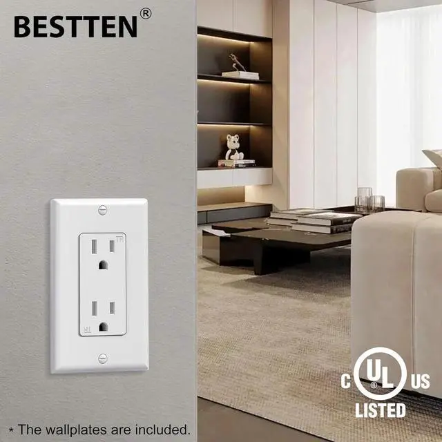 Alt view image 5 of 7 - BESTTEN 20 Pack 15 Amp Tamper Resistant Decor Receptacle, Standard Electrical Wall Outlet, Residential and Commercial Use, 15A/125V/1875W, UL Listed, White