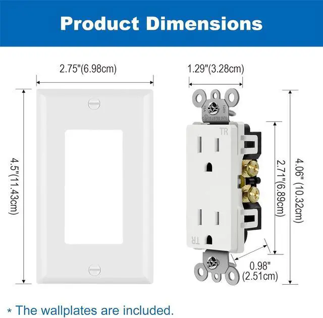 Alt view image 7 of 7 - BESTTEN 50 Pack 15 Amp Decorator Receptacle Outlet, Tamper Resistant Receptacle, Residential and Commercial Use, Wallplate Included, 15A/125V/1875W, UL Listed, White