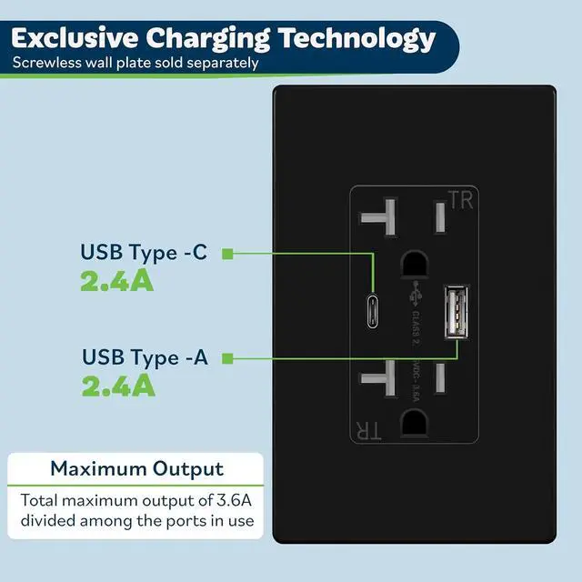 Alt view image 3 of 7 - USB Outlet, Type C Wall Charger 15 Amp TR Receptacle Plug, Charging Power Outlet with Ports, Electrical Socket, UL Listed, TU21536AC-W-6PCS, White, 6 Pack