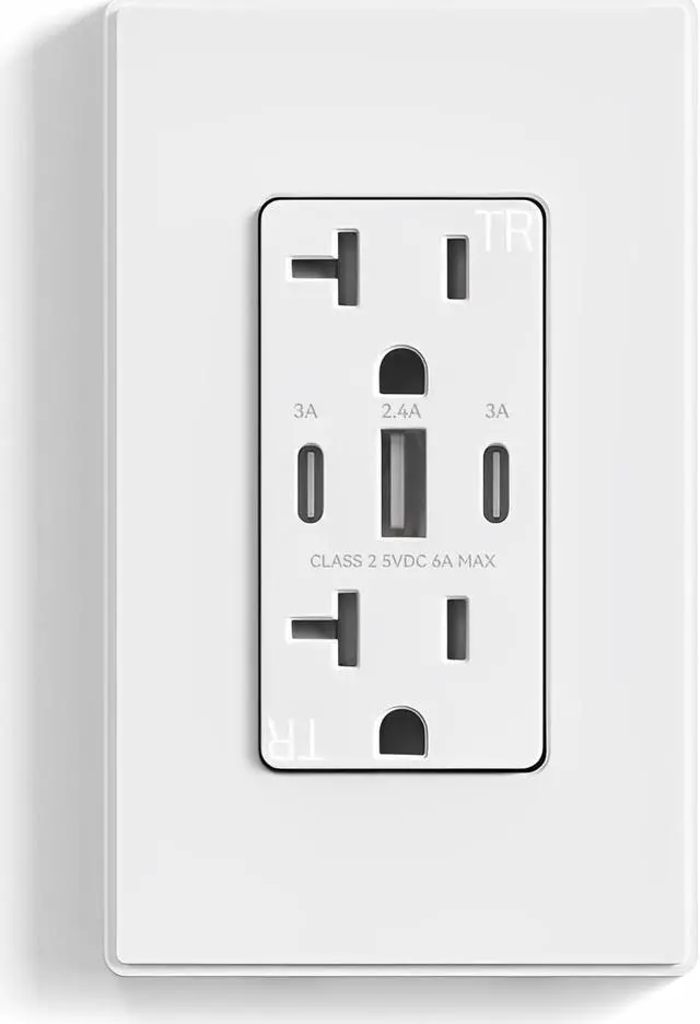 Main image of ELEGRP USB Outlets, 30W 6.0 Amp USB C Outlets Receptacles, 3-Port USB Wall Outlet, 20 Amp Tamper-Resistant Outlet with 2 USB C Ports, UL Listed, Screwless Wall Plate Included, 1 Pack, Matte White