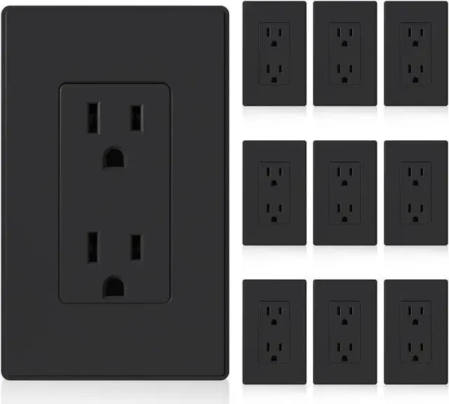 Main image of ELEGRP Matte Black Standard Decorator Electrical Wall Receptacle Outlet, 15A 125V, 2 Pole 3 Wire, Non- tamper Resistant, NEMA 5-15R, Self-Grounding, Wall Plate Included, UL Listed, 10 Pack