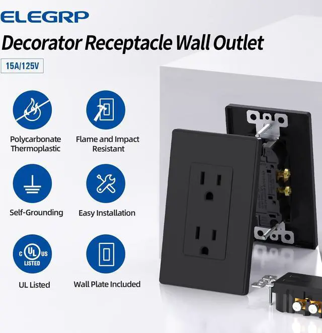 Alt view image 3 of 7 - ELEGRP Matte Black Standard Decorator Electrical Wall Receptacle Outlet, 15A 125V, 2 Pole 3 Wire, Non- tamper Resistant, NEMA 5-15R, Self-Grounding, Wall Plate Included, UL Listed, 10 Pack