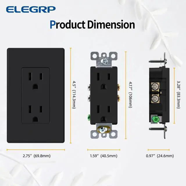 Alt view image 6 of 7 - ELEGRP Matte Black Standard Decorator Electrical Wall Receptacle Outlet, 15A 125V, 2 Pole 3 Wire, Non- tamper Resistant, NEMA 5-15R, Self-Grounding, Wall Plate Included, UL Listed, 10 Pack