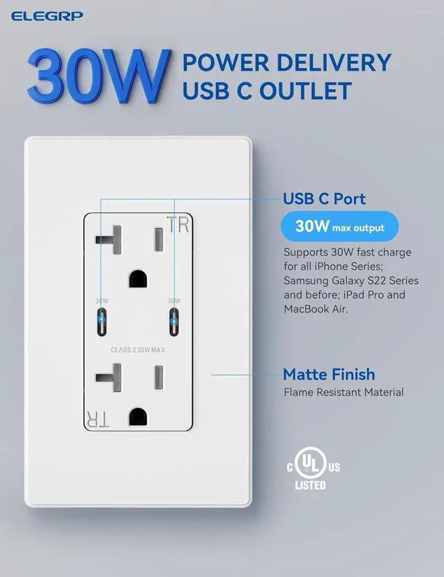 Alt view image 2 of 7 - USB Outlet Receptacle, 30W Fast Charge & Power Delivery USB C Wall Outlet, 15 Amp Wall Outlet with USB Ports, Tamper Resistant, UL Listed, Wall Plate Included, 2 Pack, Matte White