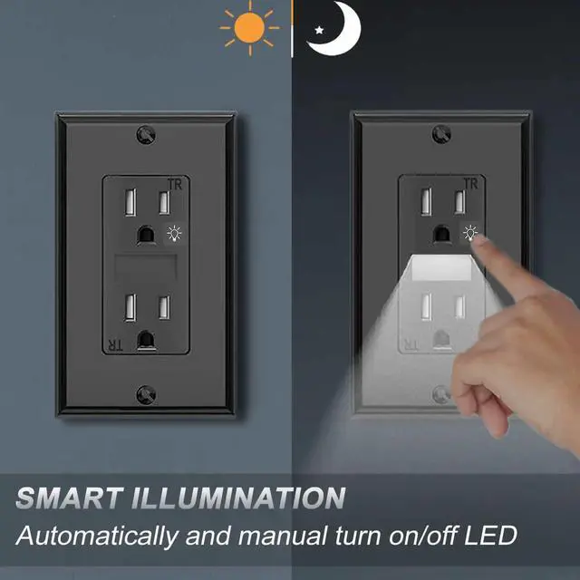 Alt view image 4 of 7 - SOZULAMP Black Wall Outlet with Night Light,Electrical Tamper Resistant Receptacle,15 Amp 125Volt,Receptacle Built-in Nightlight, Receptacle Outlet with Wallplate(4Pack,Glossy Black)
