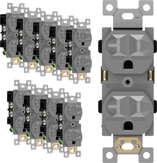 Main image of Duplex Receptacle Outlets, Tamper-Resistant, Industrial Grade, 20A 125V, 3-Wire Grounding, 2-Pole, 5-20R, UL Listed, 62080-TR-GY-10PCS, Gray (10 Pack)
