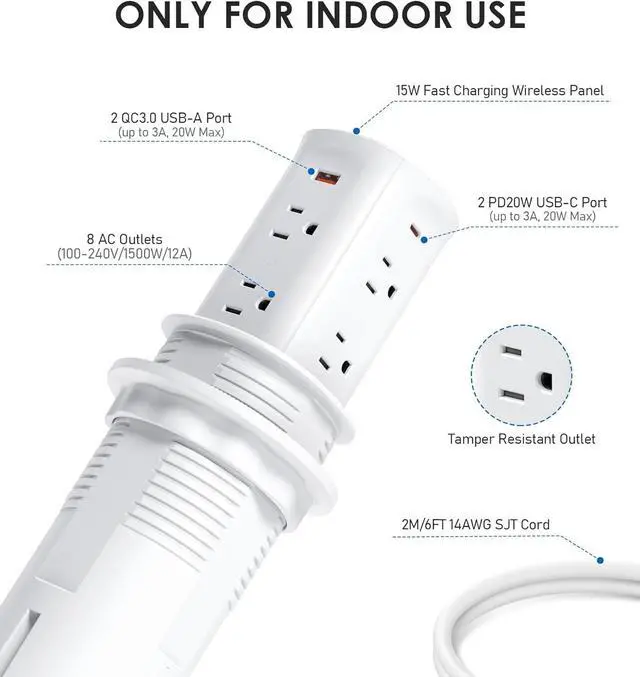 Alt view image 6 of 7 - Pop Up Countertop Receptacle with 4 USB Ports 15W Wireless Charger,Max 20W Power Delivery Pop Up Outlet for Home Office Kitchen