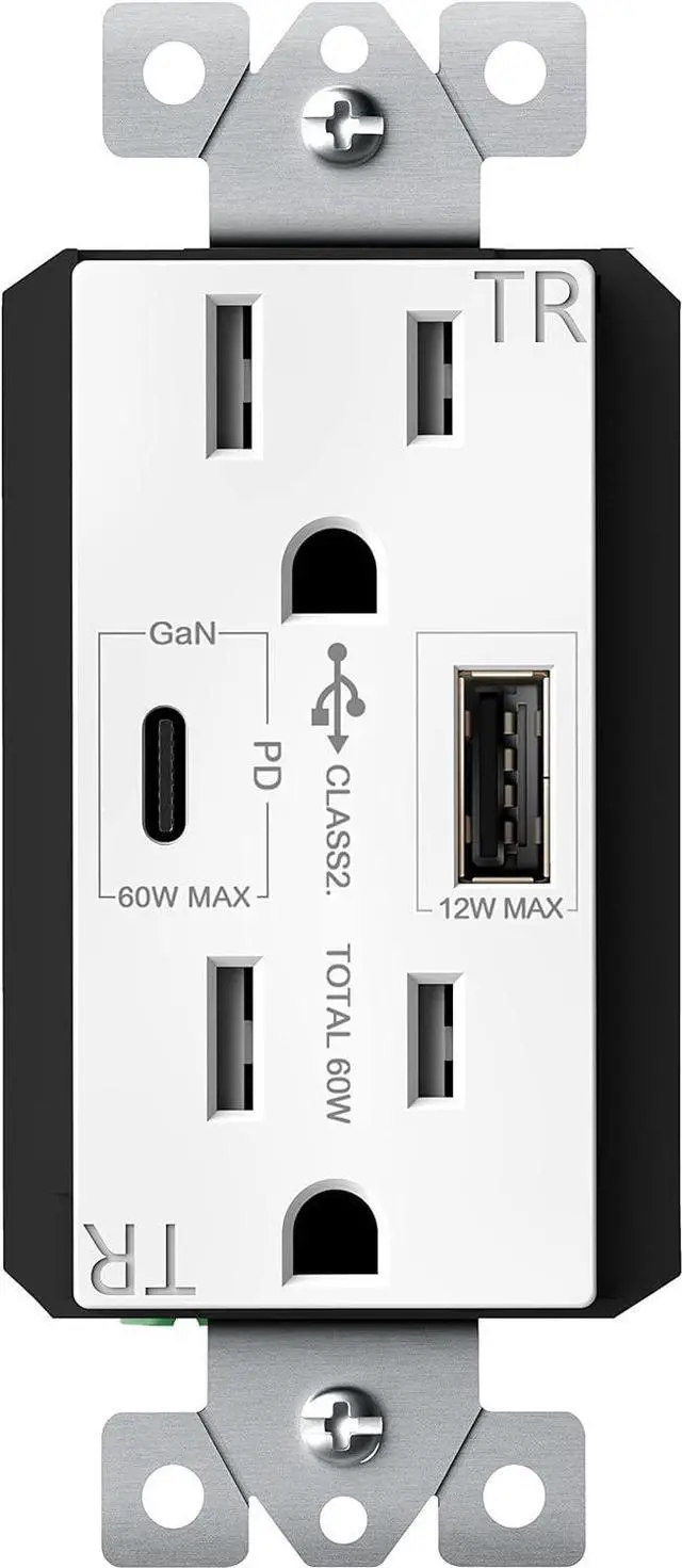 Main image of GaN PD USB Type C Wall Outlet Up to 65W ?????????? ????????????????,15A Duplex Tamper-Resistant Receptacles, USB Charger for Laptops, Tablets, Smartphones, TU215PD60AC-W, White