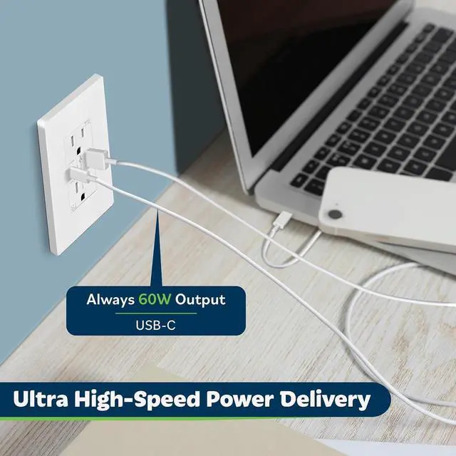 Alt view image 3 of 7 - GaN PD USB Type C Wall Outlet Up to 65W ?????????? ????????????????,15A Duplex Tamper-Resistant Receptacles, USB Charger for Laptops, Tablets, Smartphones, TU215PD60AC-W, White